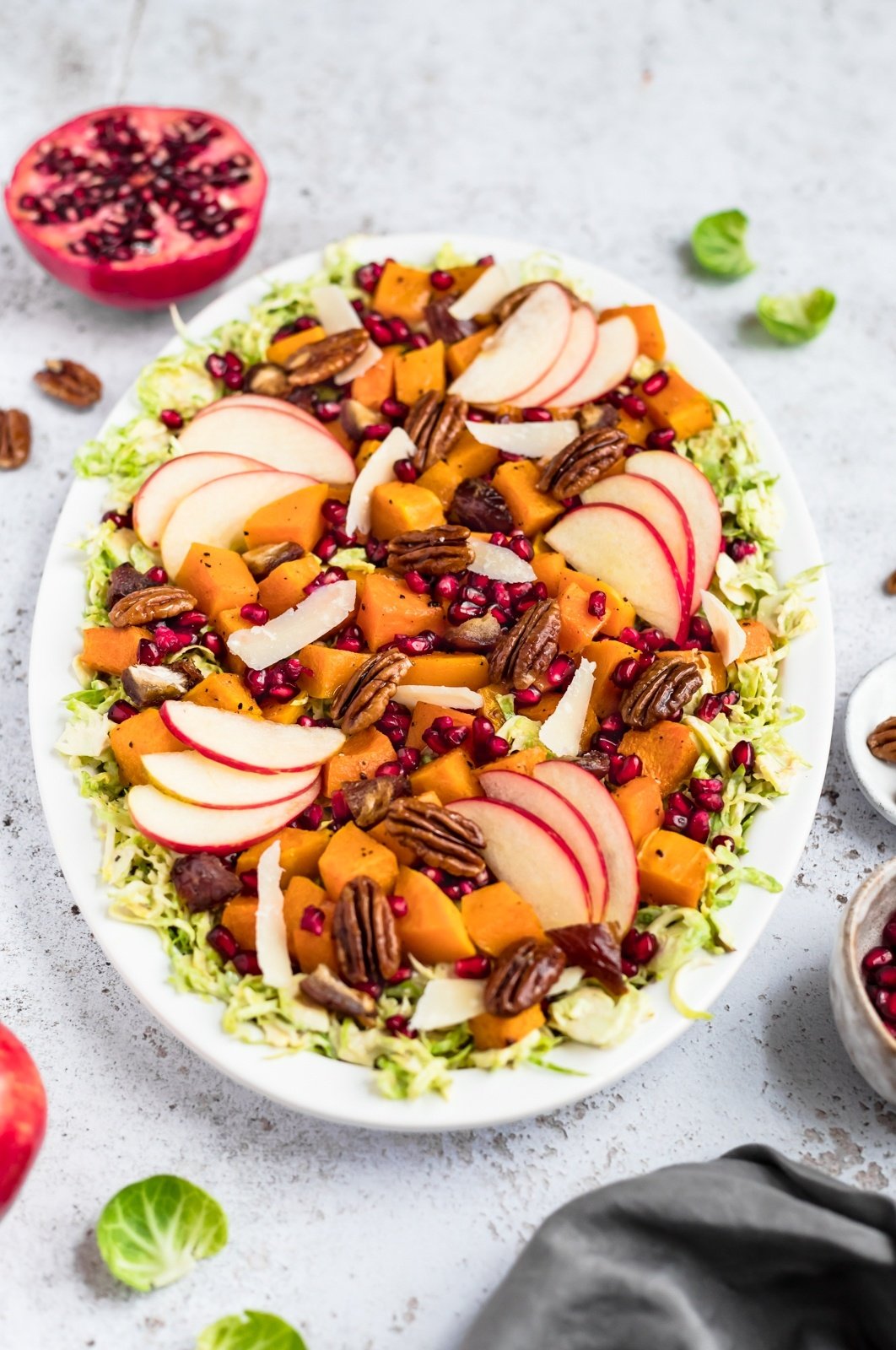 vegetarian brussels sprouts caesar salad on a platter