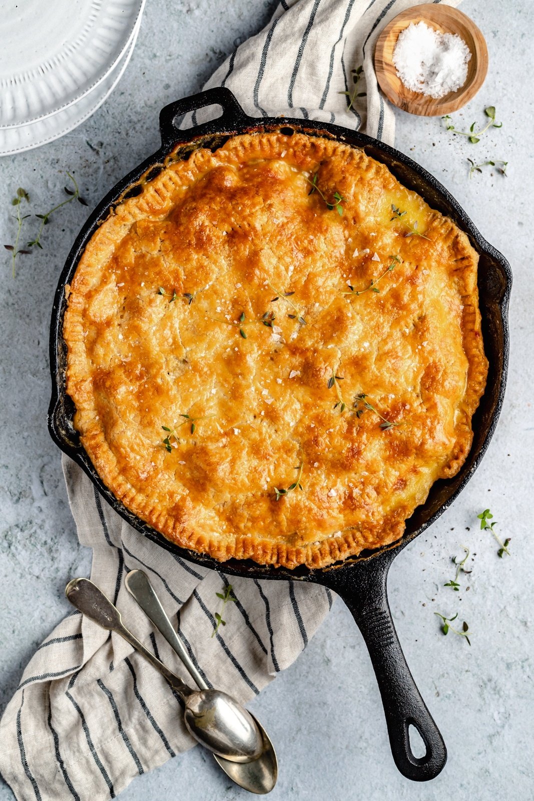 broccoli cheese chicken pot pie in a skillet