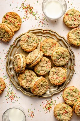 christmas sandwich cookies on a platter