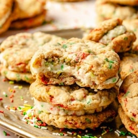 christmas oatmeal cream pies in a stack on a platter