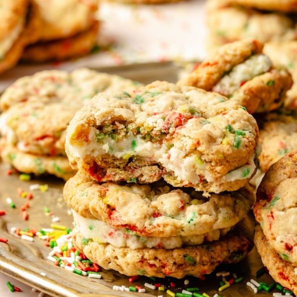 christmas oatmeal cream pies in a stack on a platter