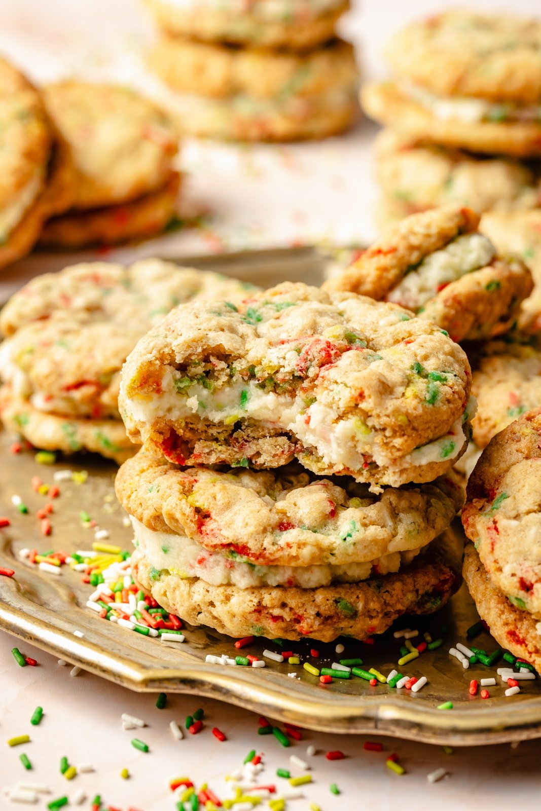 christmas oatmeal cream pies in a stack with a bite taken out