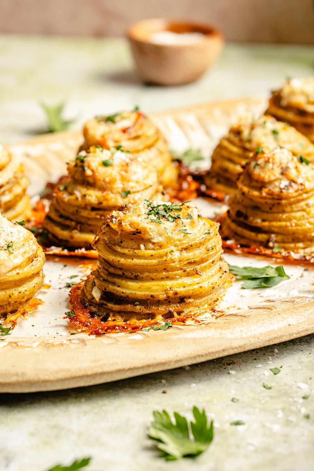 crispy potato stacks on a serving platter