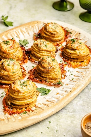 crispy potato stacks on a platter