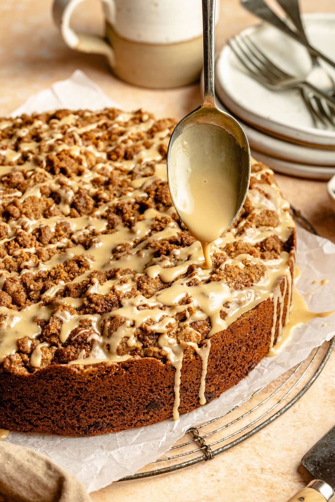 drizzling espresso coffee cake with an espresso glaze