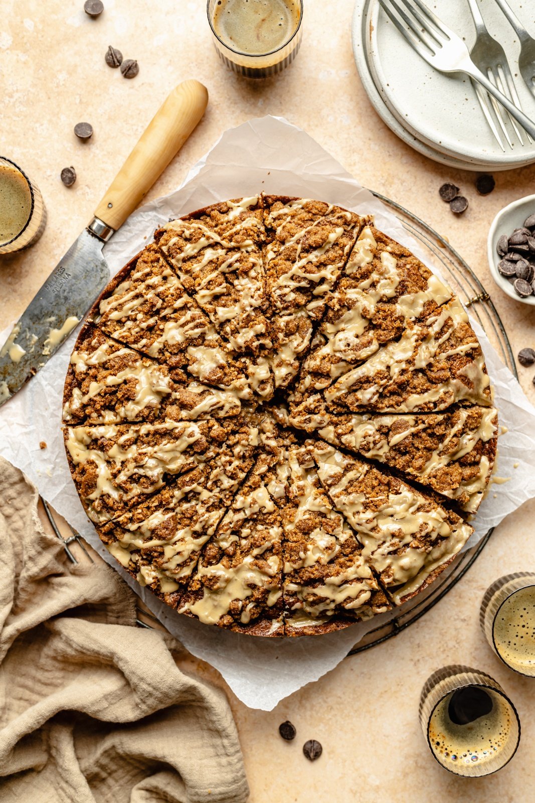 espresso coffee cake sliced on parchment paper