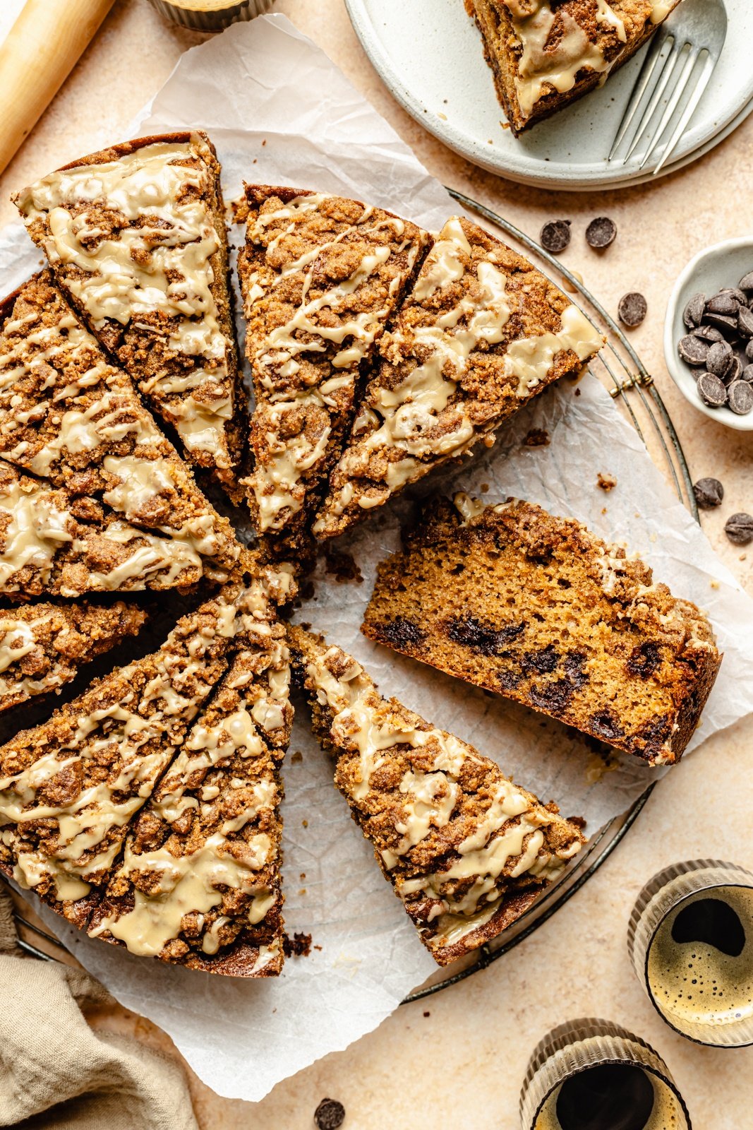 espresso coffee cake sliced on parchment paper