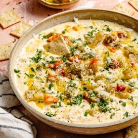 high protein cottage cheese giardiniera dip in a bowl