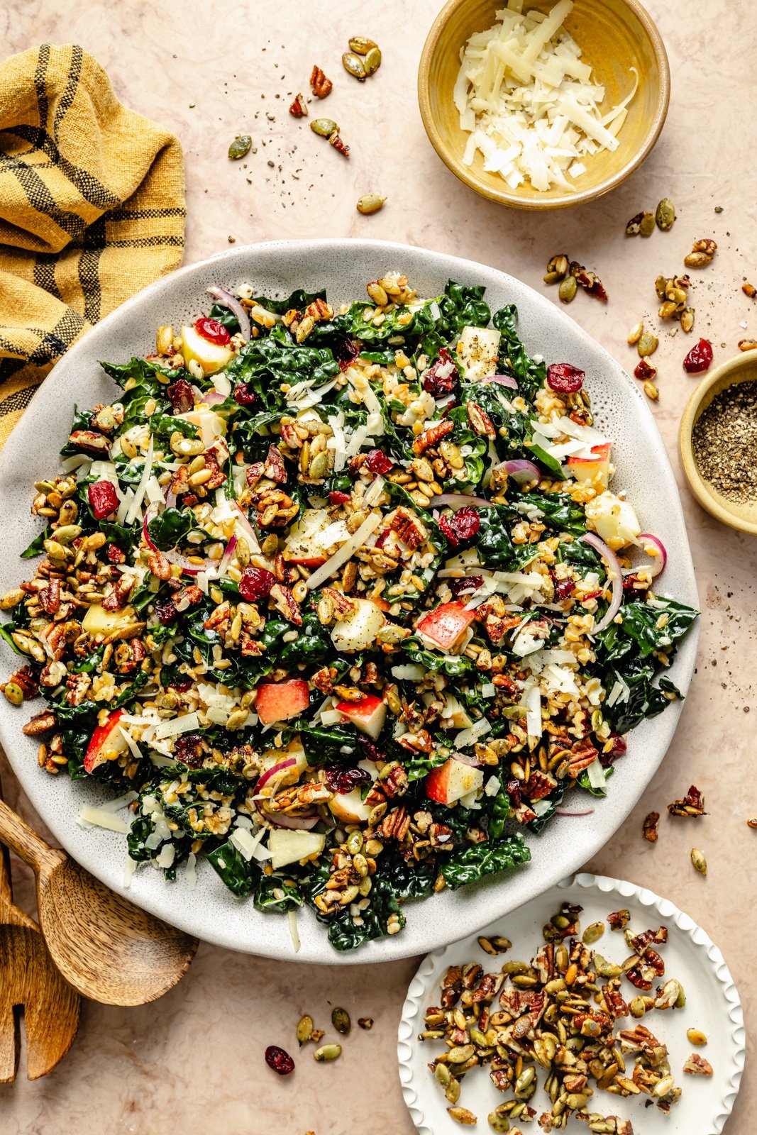 apple kale farro salad in a bowl
