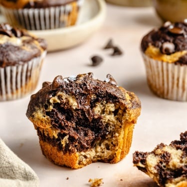 marbled banana muffin with a bite taken out