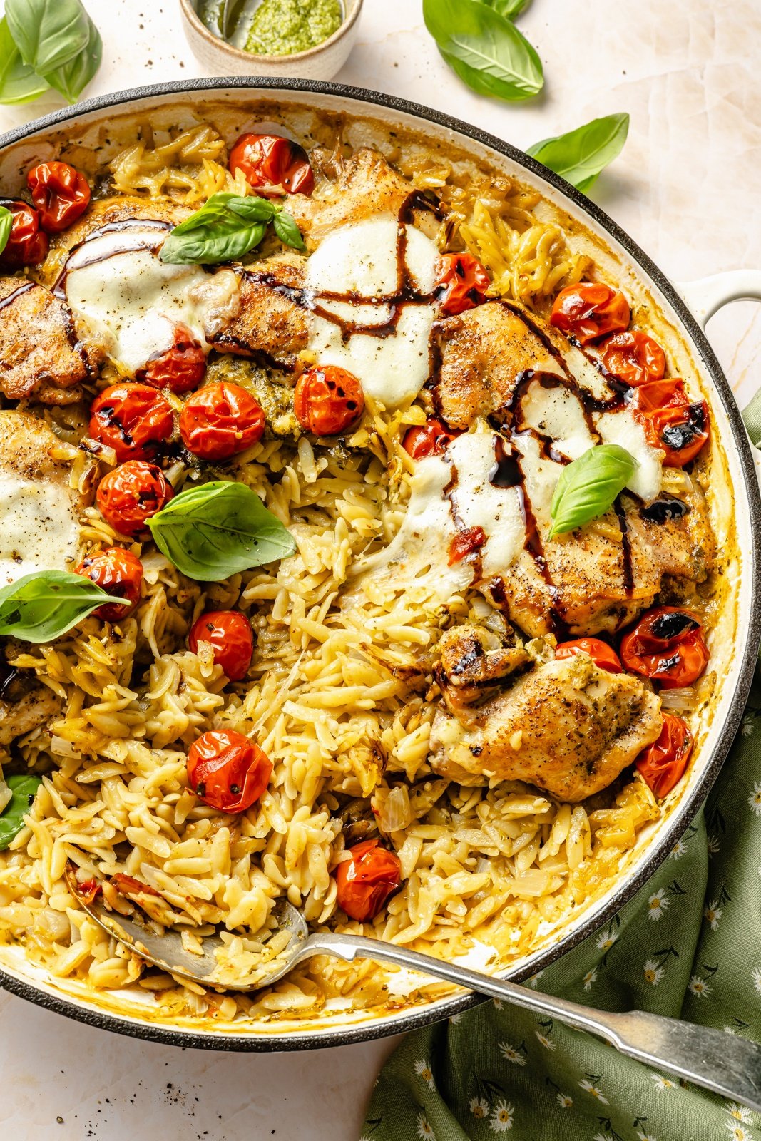 caprese baked orzo in a pan