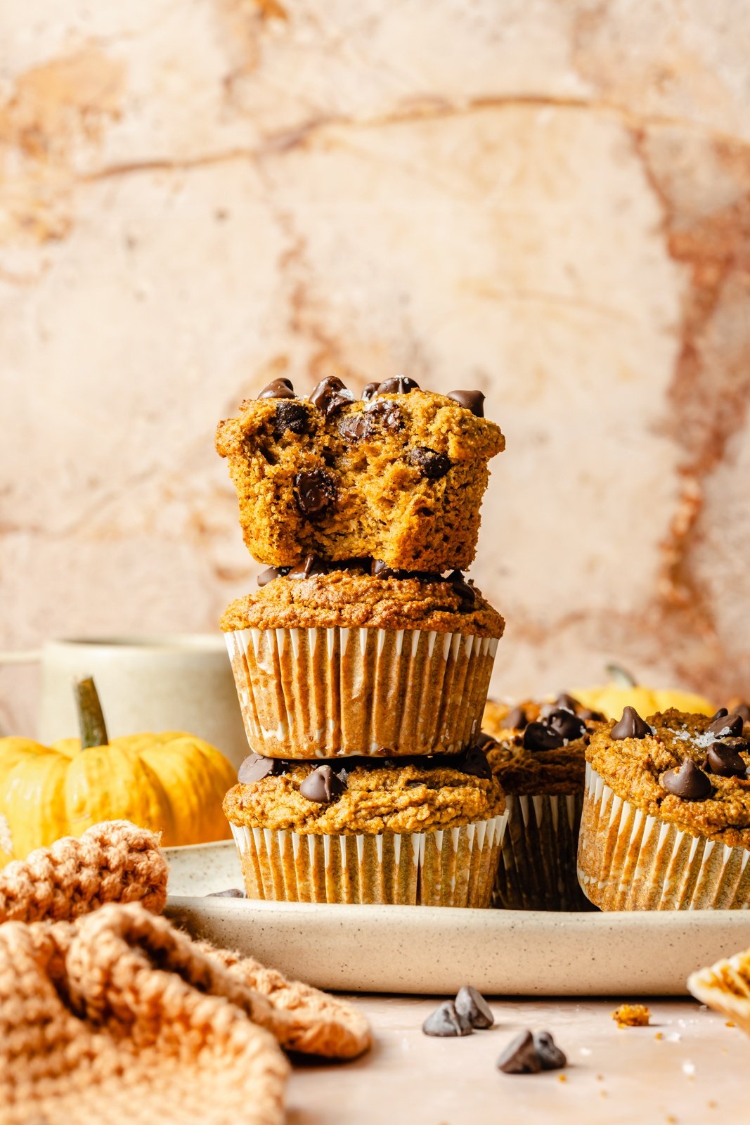 gluten-free pumpkin protein muffins in a stack