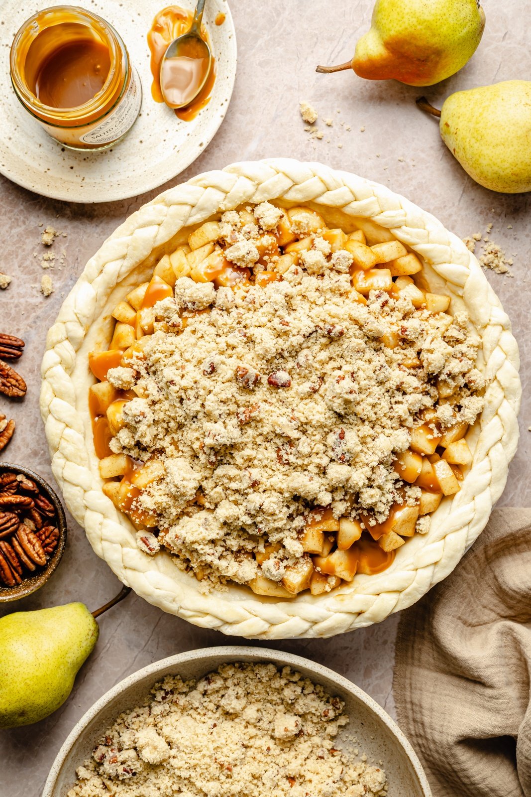 unbaked caramel pear pie with crumble topping