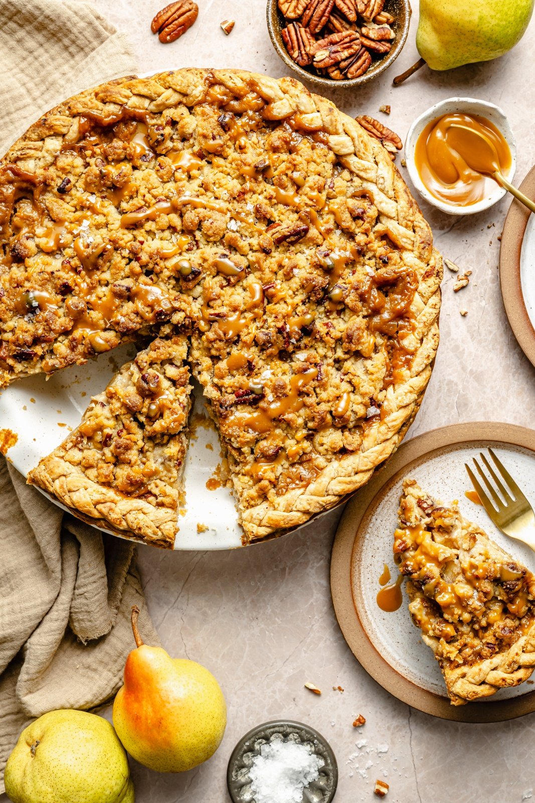 sliced pear pie in a dish and on a plate