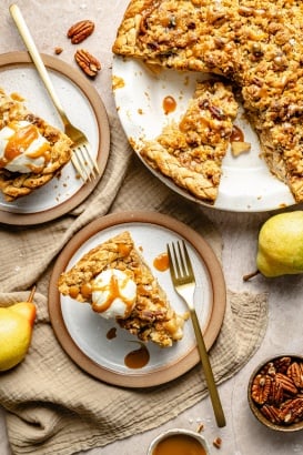 caramel pear pie in a pie dish and on plates with ice cream