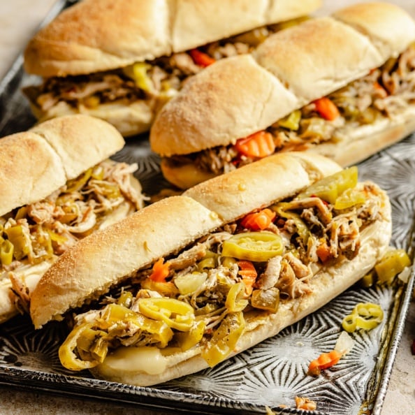 slow cooker Italian chicken sandwiches on a platter