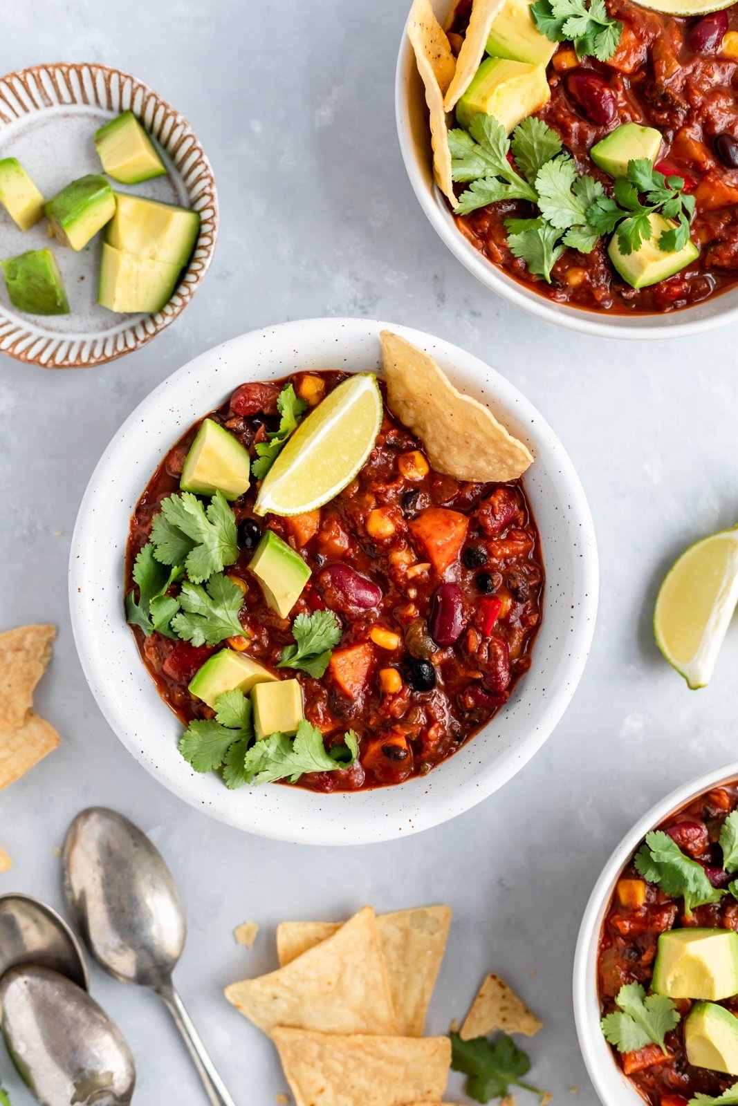 easy vegetarian chili recipe in a bowl with toppings