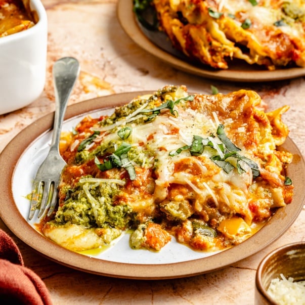 slice of tie dye vegetarian lasagna on a plate