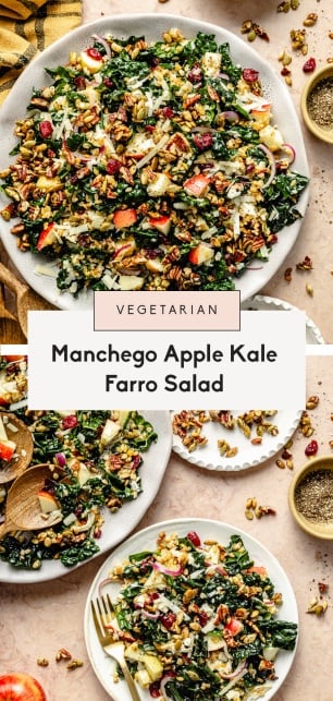 collage of an apple kale farro salad