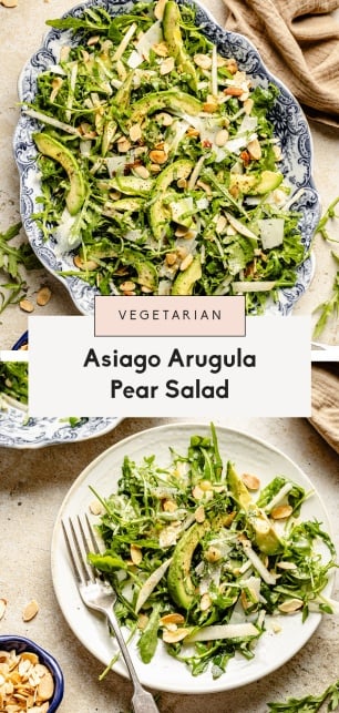 collage of an arugula pear salad