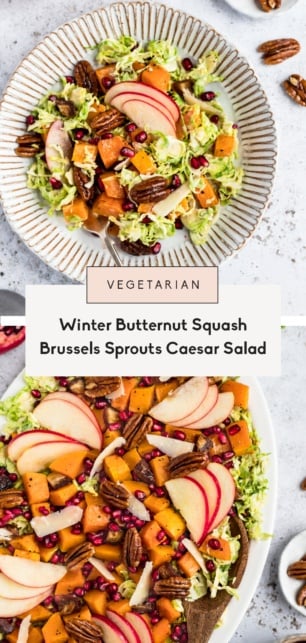 collage of a butternut squash brussels sprouts caesar salad