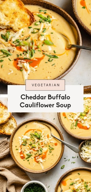 collage of a cheddar buffalo cauliflower soup recipe