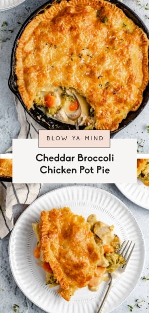 collage of a cheddar broccoli chicken pot pie