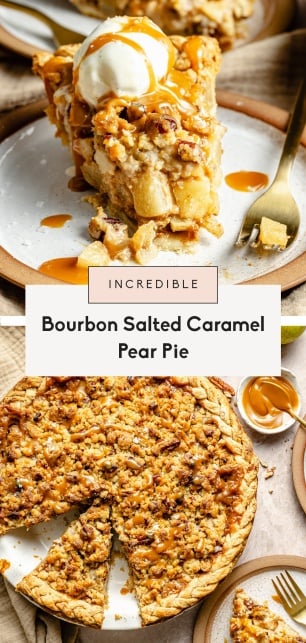 collage of a caramel pear pie recipe