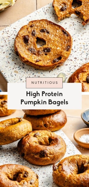 collage of protein pumpkin bagels