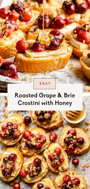 collage of roasted grape and brie crostini