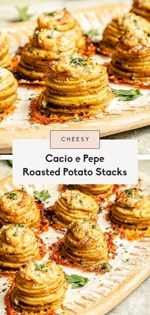 collage of roasted stacked potatoes