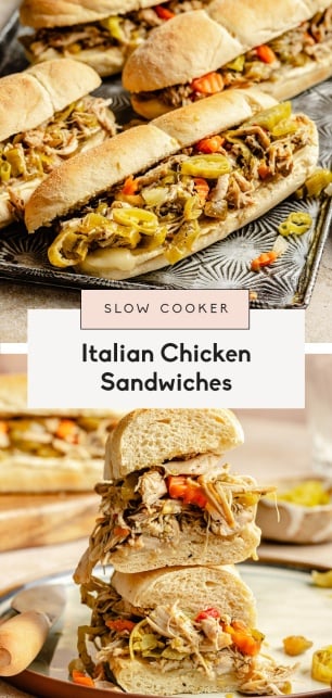 collage of slow cooker italian chicken sandwiches