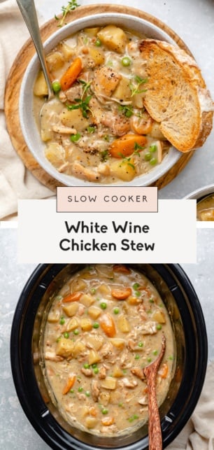 collage of slow cooker white wine chicken stew