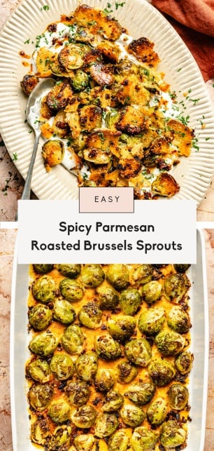 collage of spicy parmesan roasted brussels sprouts