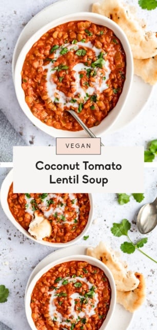 collage of vegan tomato lentil soup